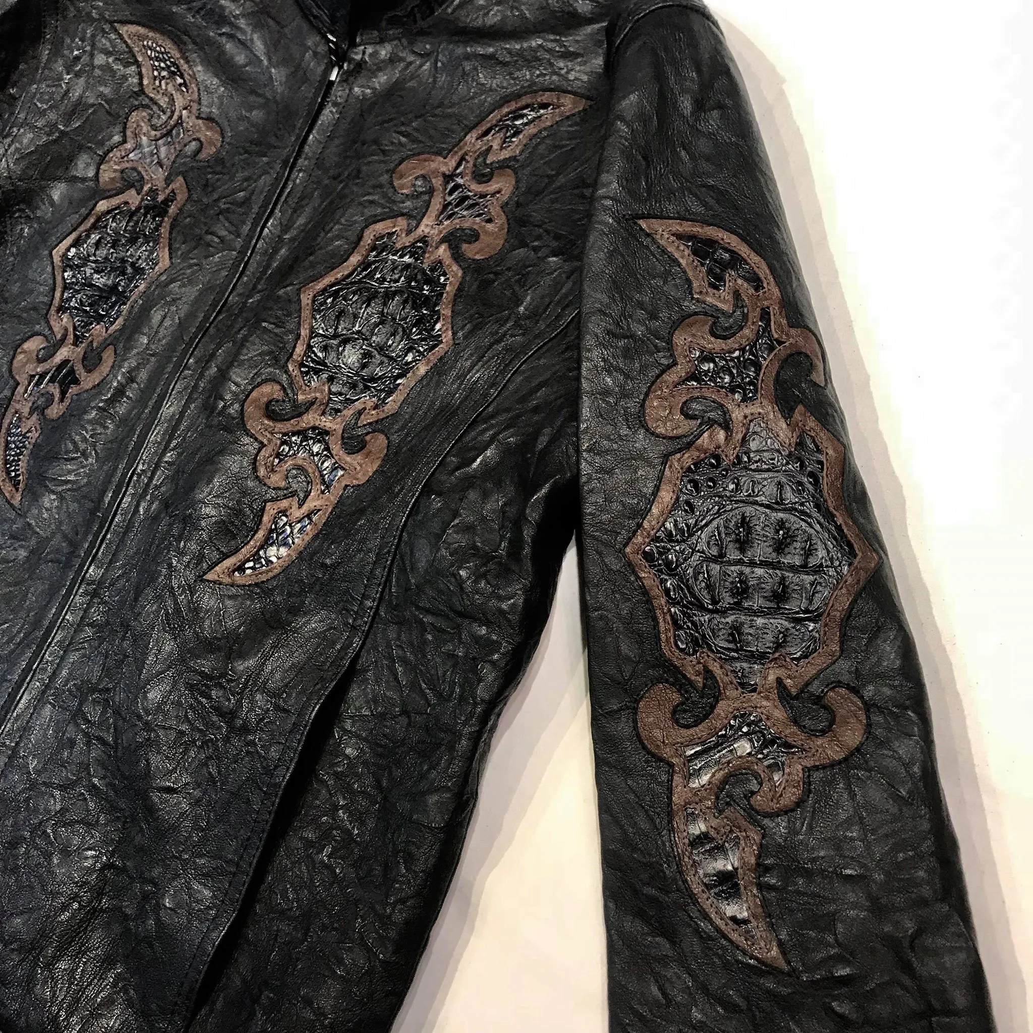 Kashani Black Horn-Back Alligator Stitched Bomber Jacket