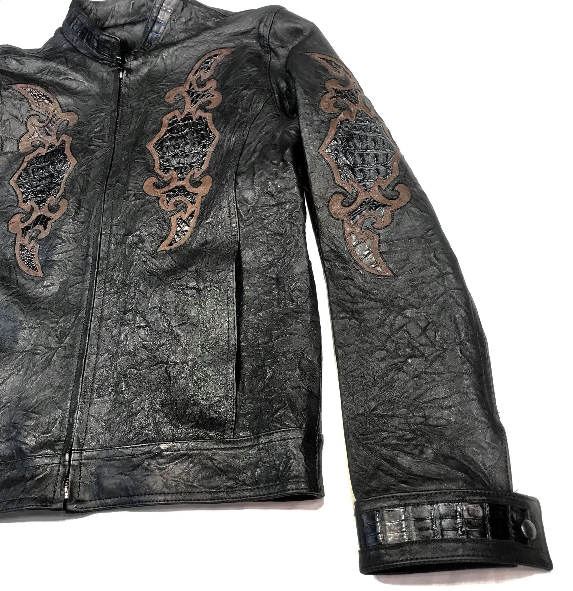 Kashani Black Horn-Back Alligator Stitched Bomber Jacket