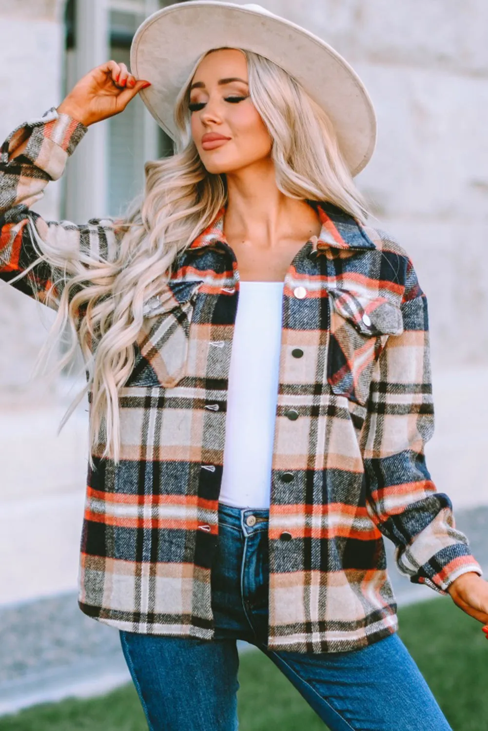 Khaki Plaid Print Casual Button Up Pocket Shacket