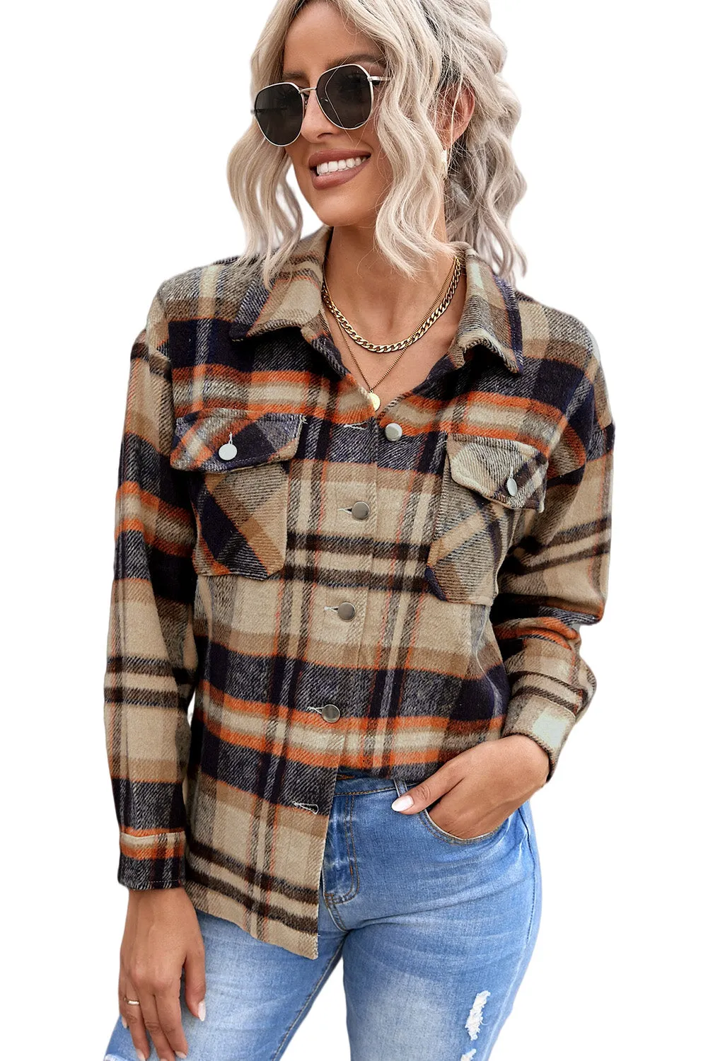 Khaki Plaid Print Casual Button Up Pocket Shacket