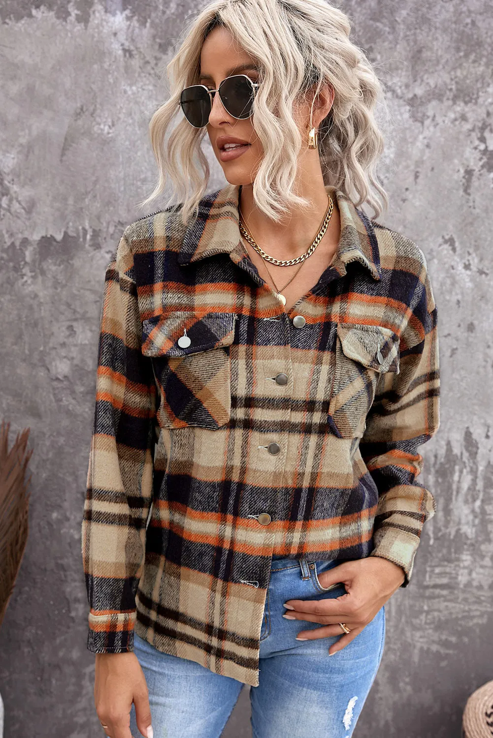 Khaki Plaid Print Casual Button Up Pocket Shacket