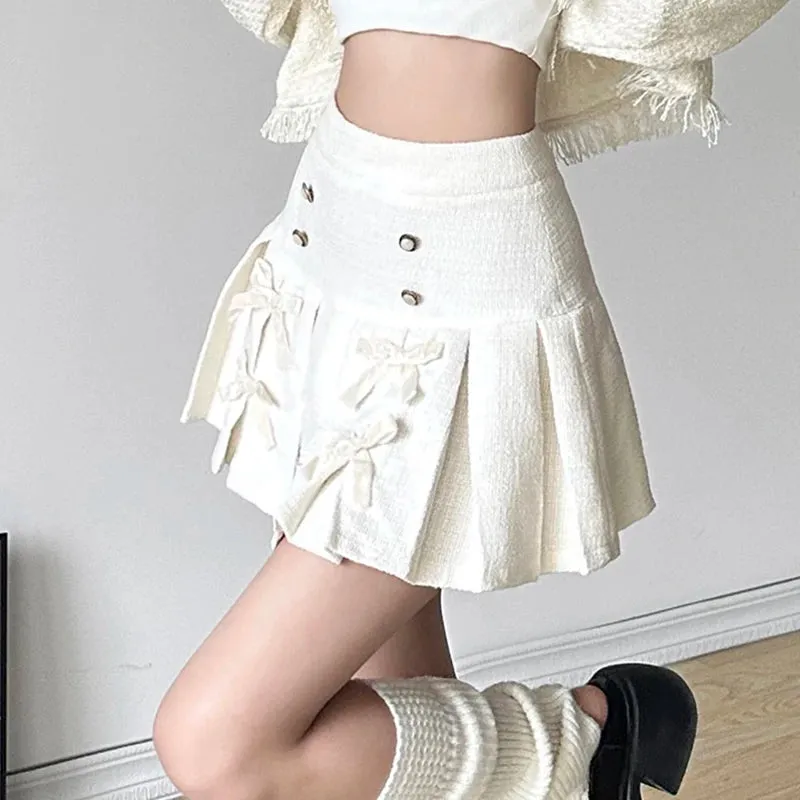 Korean Fashion Party Pleated Skirt Women Buttons Bow Coquette Clothes Harajuku Mini Skirt Elegant High Waisted Bottom