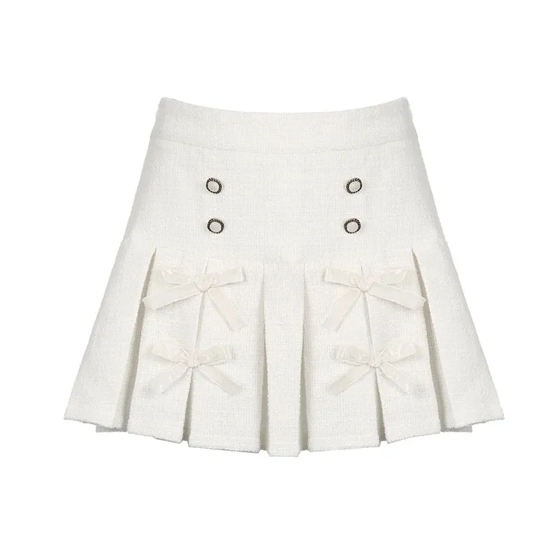 Korean Fashion Party Pleated Skirt Women Buttons Bow Coquette Clothes Harajuku Mini Skirt Elegant High Waisted Bottom