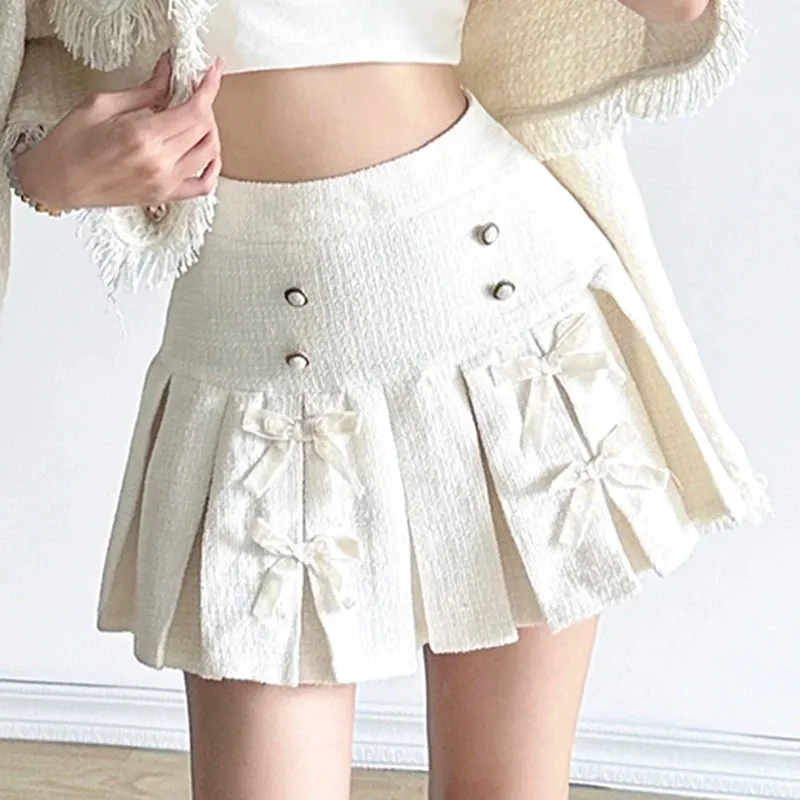 Korean Fashion Party Pleated Skirt Women Buttons Bow Coquette Clothes Harajuku Mini Skirt Elegant High Waisted Bottom