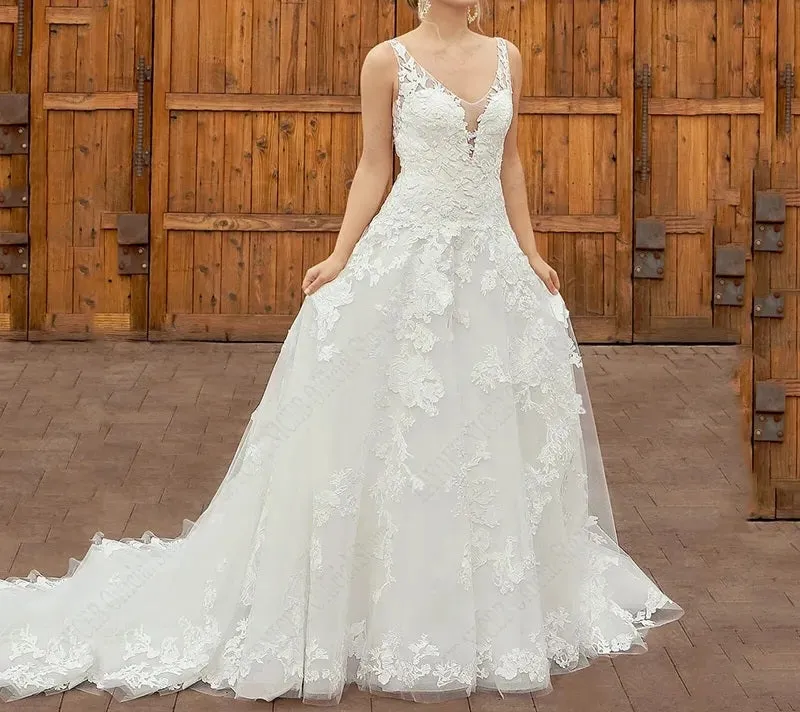 Lace Applique Adorned Sleeveless A Line Wedding Gown All Sizes/Colors