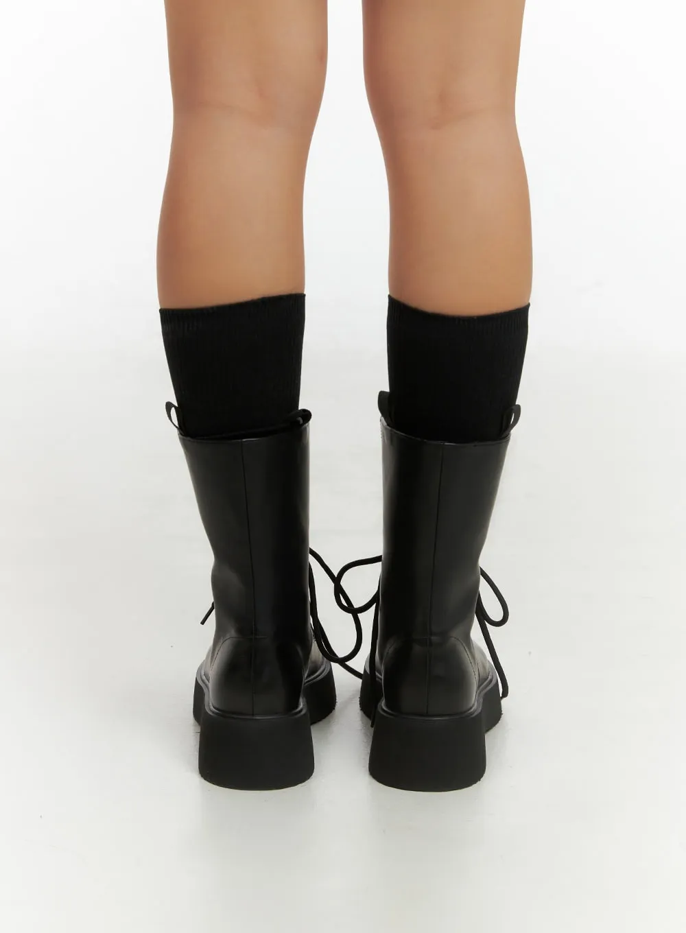 Lace-Up Faux Leather Midi Boots IS402