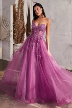 Ladivine CD0230 Size 10 Amethyst Beaded Sheer Corset A Line Maxi Slit Prom Dress Shimmer Ballgown Formal