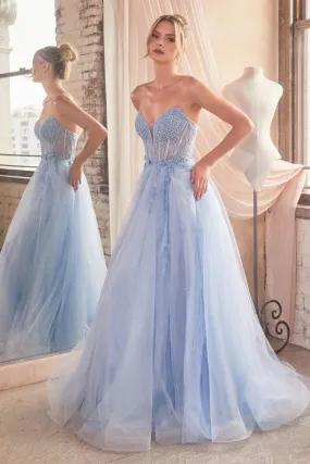 Ladivine CD0230 Size 2 Light Blue Beaded Sheer Corset A Line Maxi Slit Prom Dress Shimmer Ballgown Formal