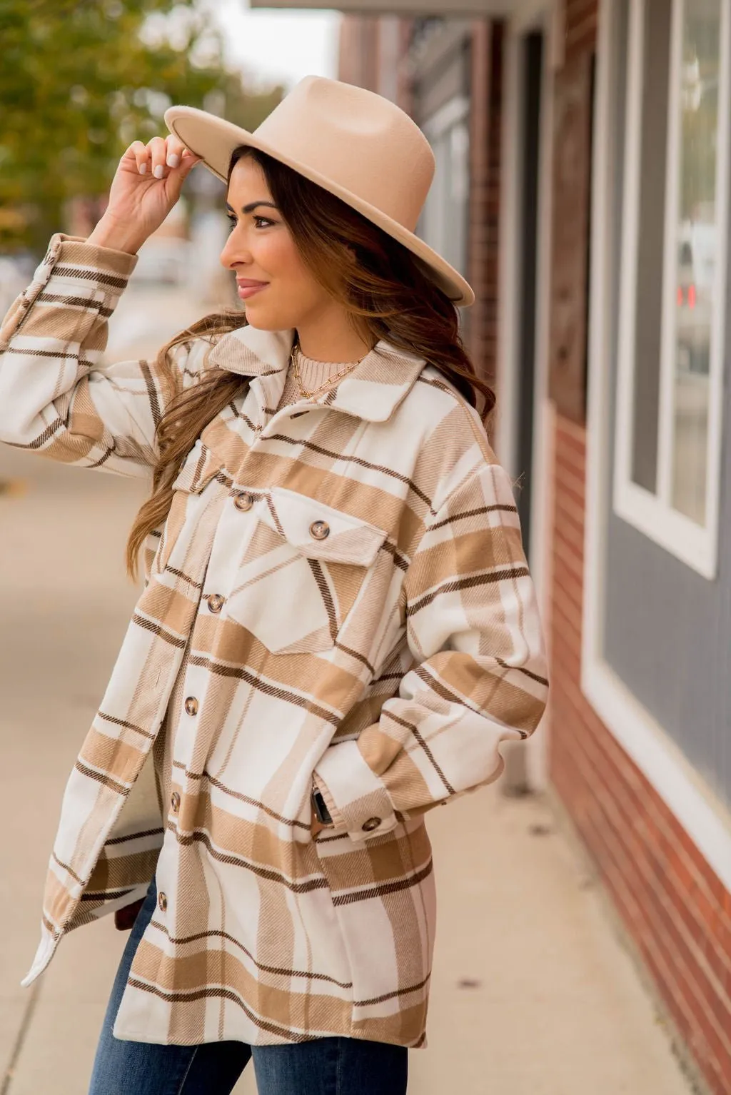 Large Button Plaid Print Pocket Shacket