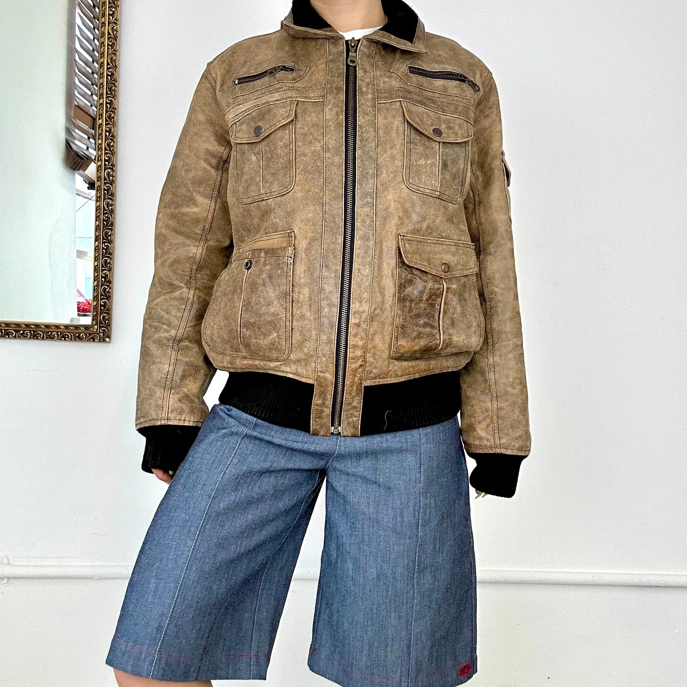 light brown leather bomber jacket