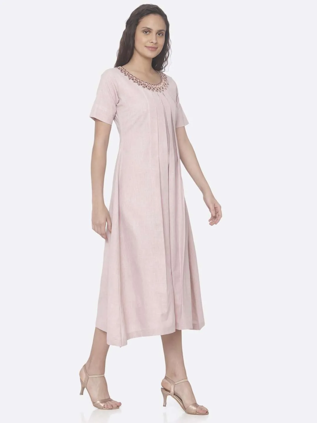 Light Pink Embroidered Linen Flared Dress | Rescue