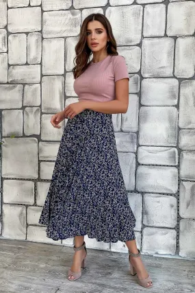 Loose Skirt Color Blue With White Flowers Elegant Skirt