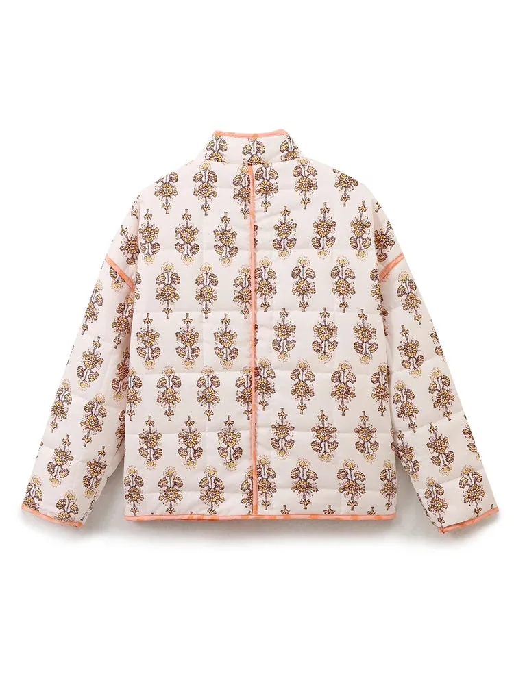 Mandarin Collar Eclectic Flower Print Shacket Solid Trim