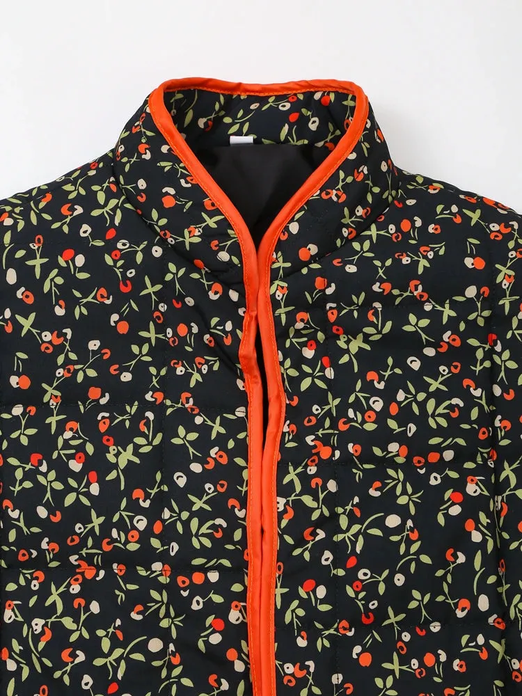 Mandarin Collar Eclectic Flower Print Shacket Solid Trim