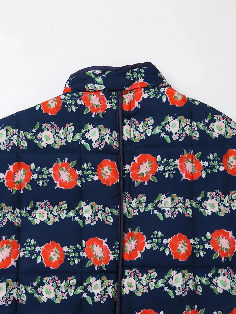 Mandarin Collar Eclectic Flower Print Shacket Solid Trim