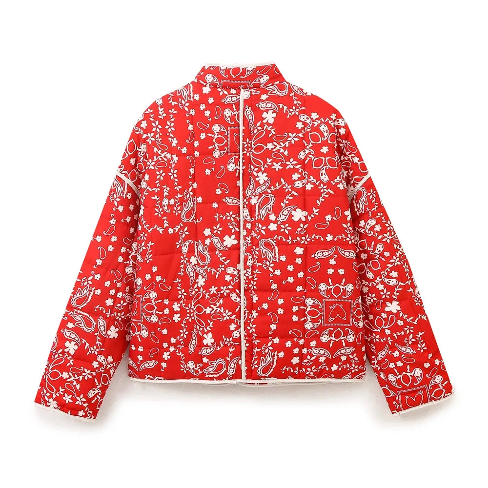 Mandarin Collar Eclectic Flower Print Shacket Solid Trim