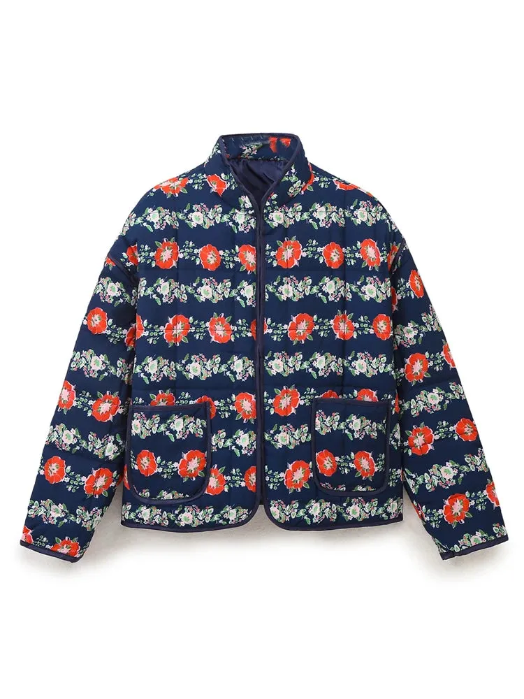 Mandarin Collar Eclectic Flower Print Shacket Solid Trim