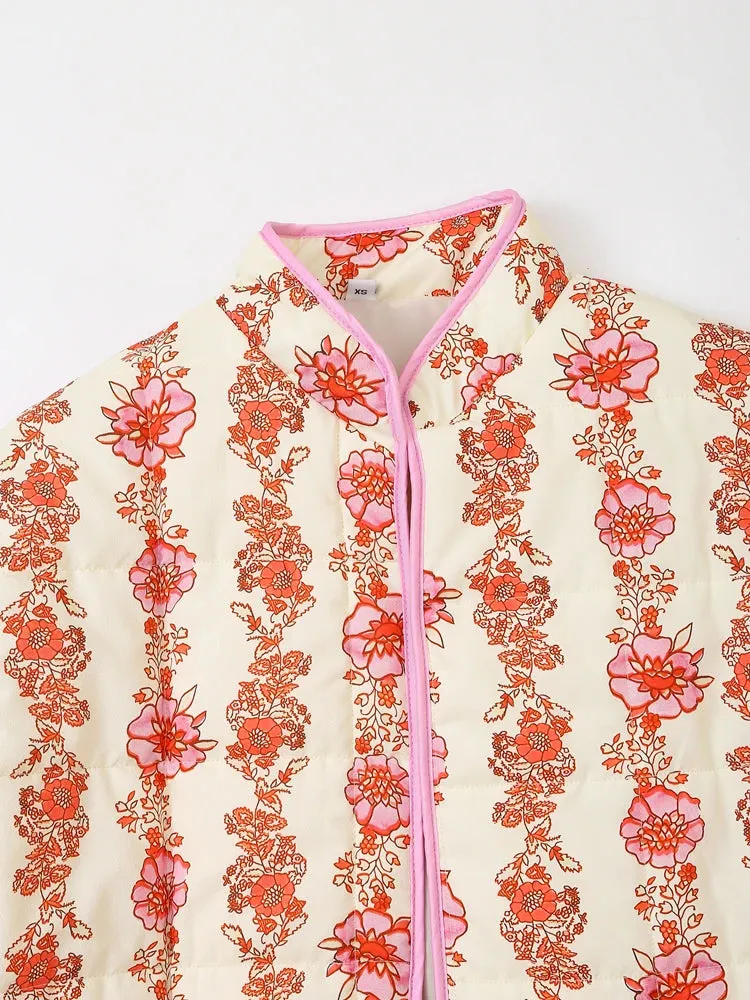 Mandarin Collar Eclectic Flower Print Shacket Solid Trim