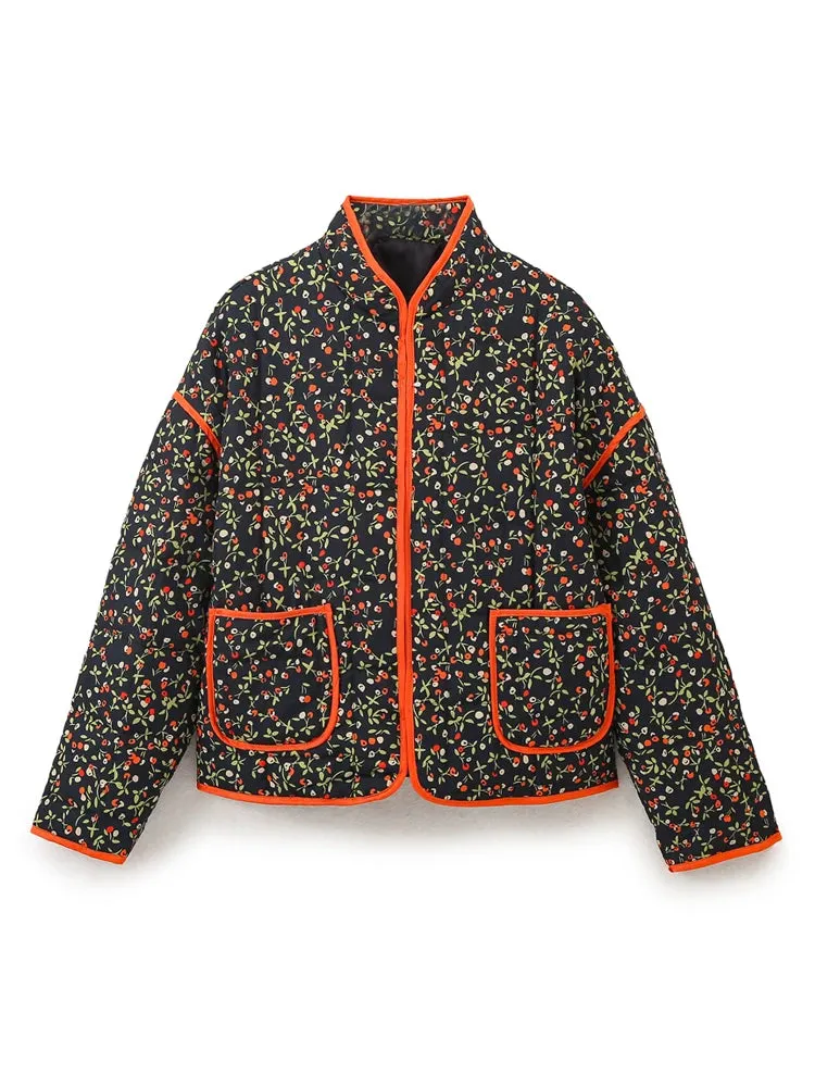 Mandarin Collar Eclectic Flower Print Shacket Solid Trim