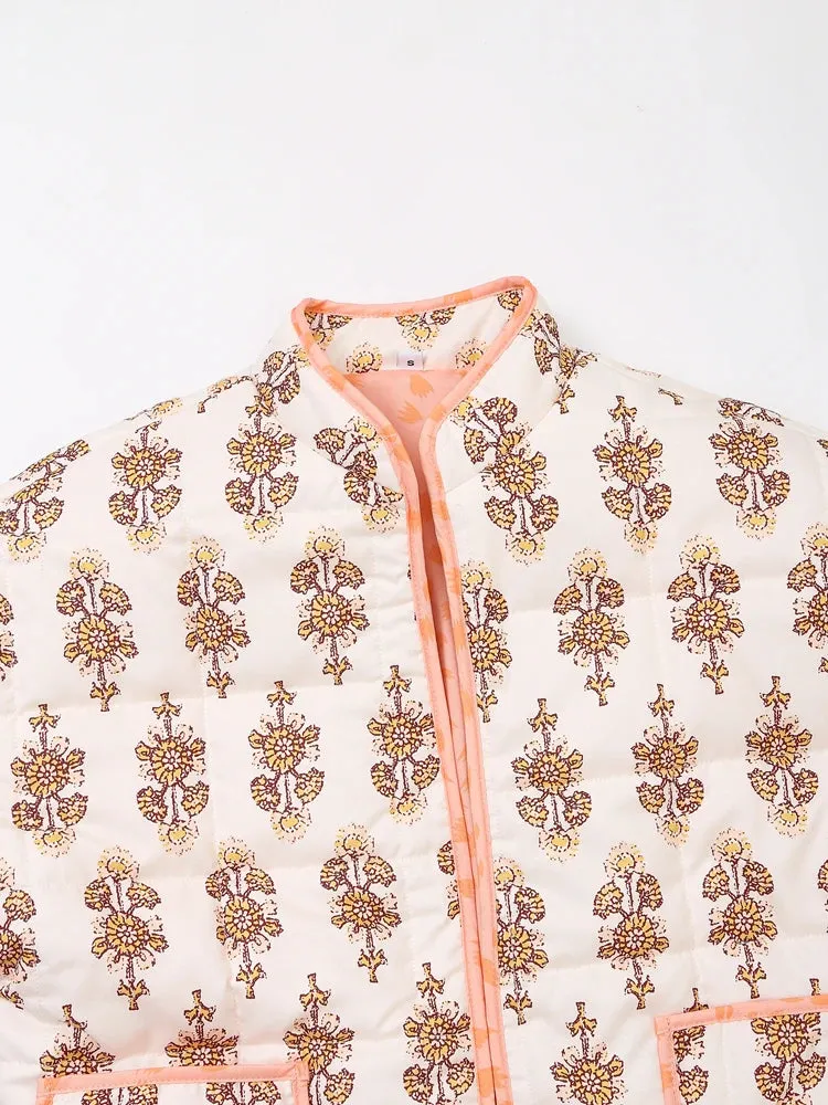 Mandarin Collar Eclectic Flower Print Shacket Solid Trim