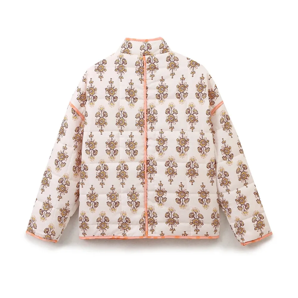 Mandarin Collar Eclectic Flower Print Shacket Solid Trim