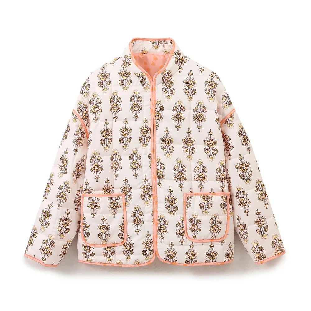 Mandarin Collar Eclectic Flower Print Shacket Solid Trim