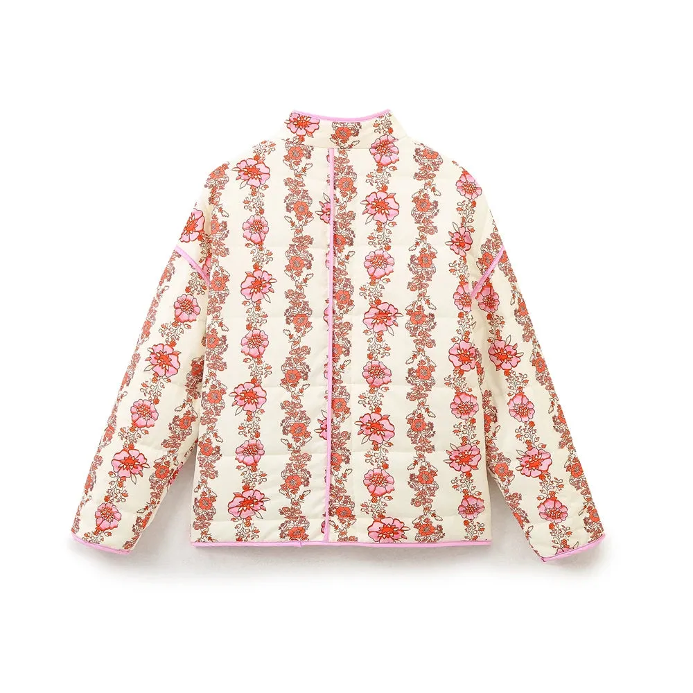 Mandarin Collar Eclectic Flower Print Shacket Solid Trim