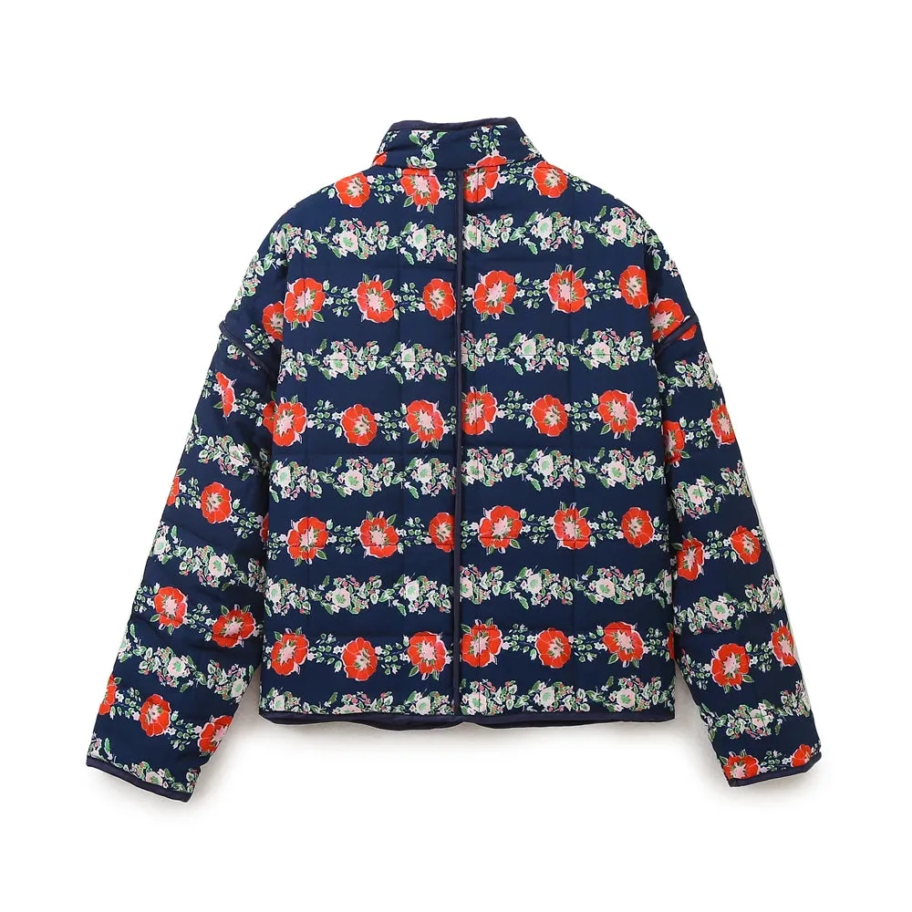 Mandarin Collar Eclectic Flower Print Shacket Solid Trim