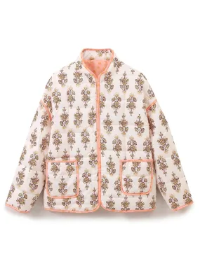 Mandarin Collar Eclectic Flower Print Shacket Solid Trim