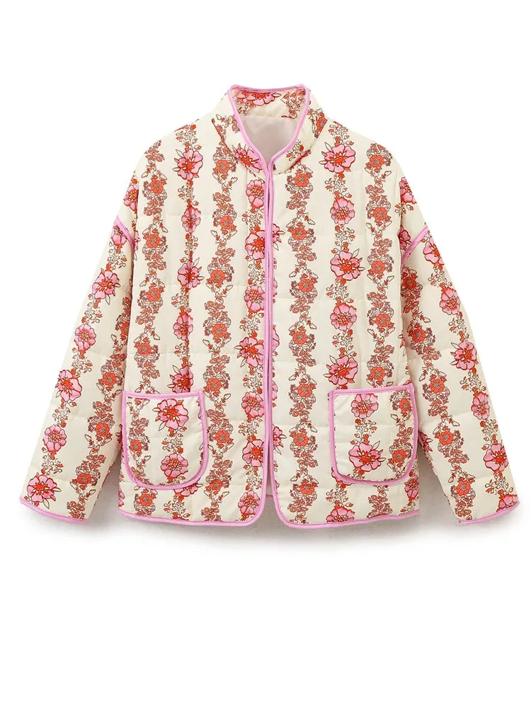 Mandarin Collar Eclectic Flower Print Shacket Solid Trim