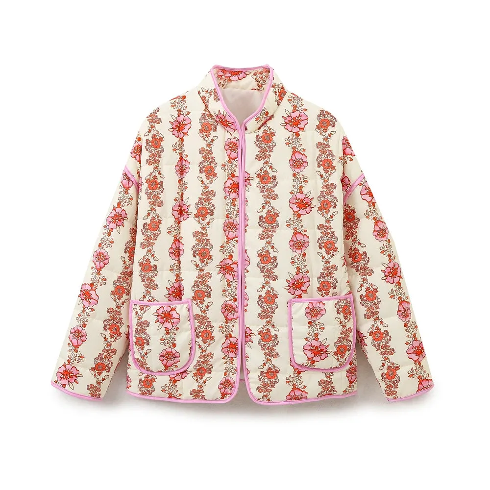 Mandarin Collar Eclectic Flower Print Shacket Solid Trim