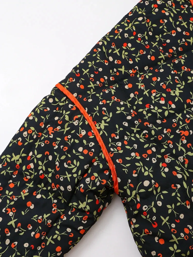 Mandarin Collar Eclectic Flower Print Shacket Solid Trim