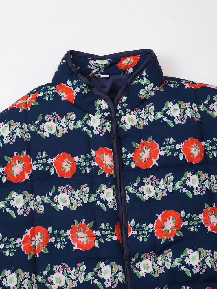 Mandarin Collar Eclectic Flower Print Shacket Solid Trim