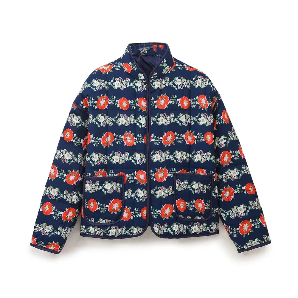 Mandarin Collar Eclectic Flower Print Shacket Solid Trim