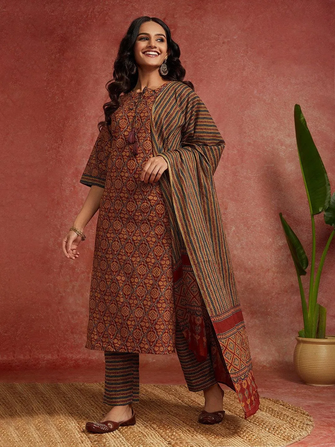 Maroon Printed Cotton Straight Suit With Dupatta