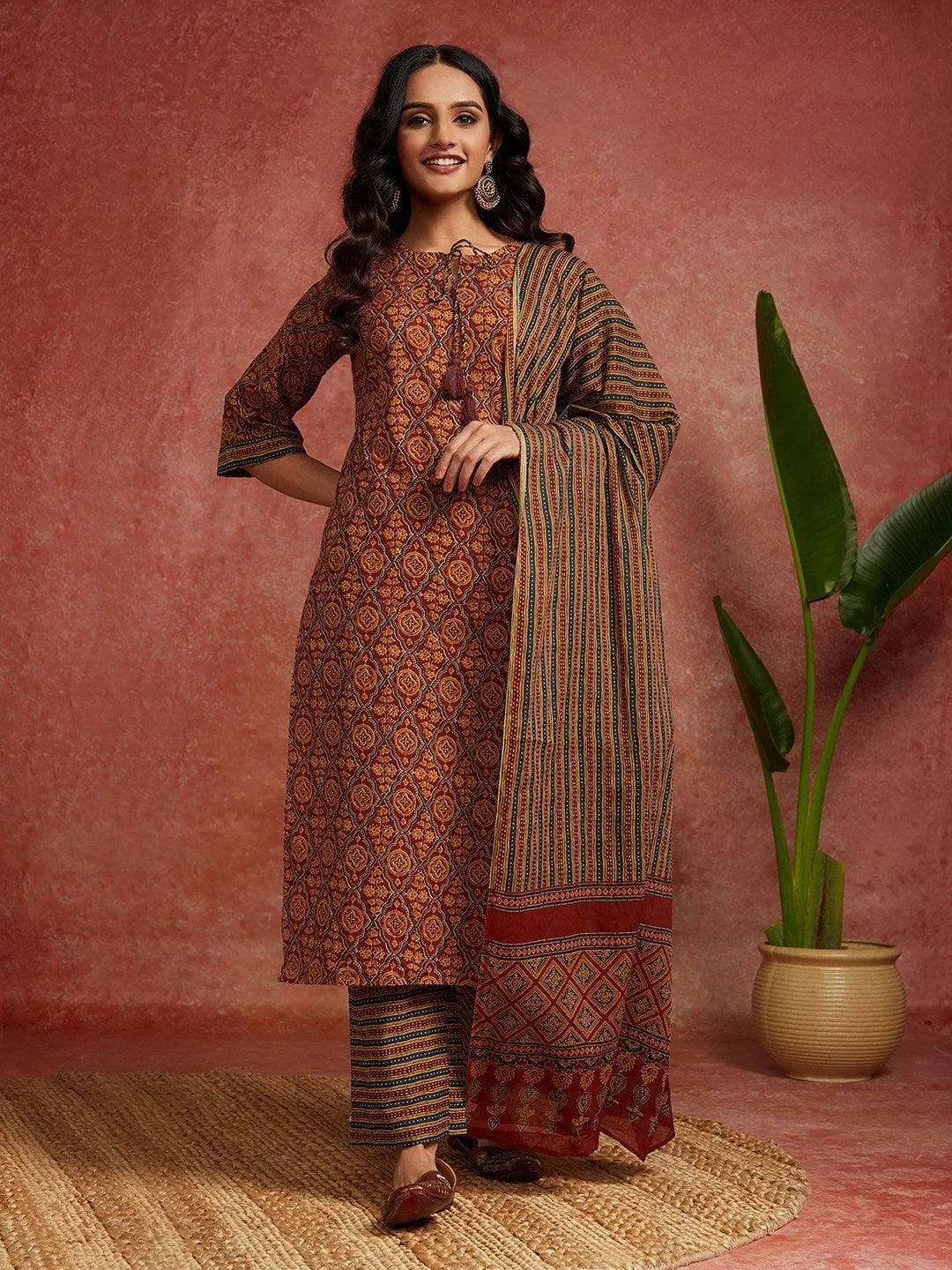 Maroon Printed Cotton Straight Suit With Dupatta