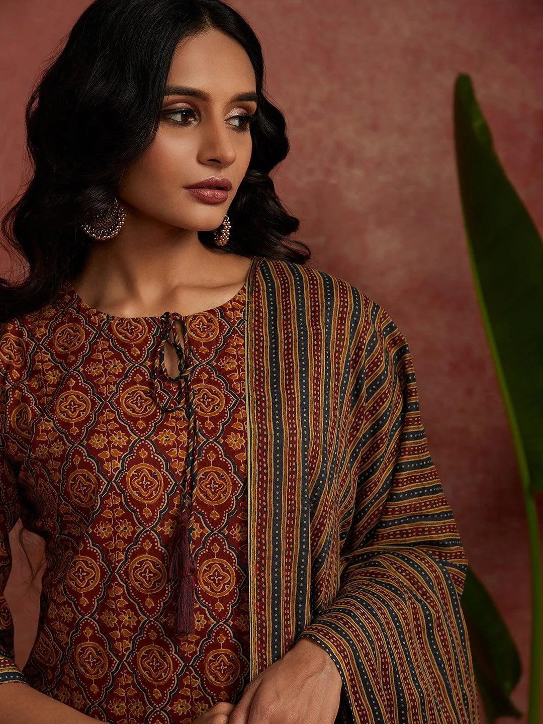 Maroon Printed Cotton Straight Suit With Dupatta