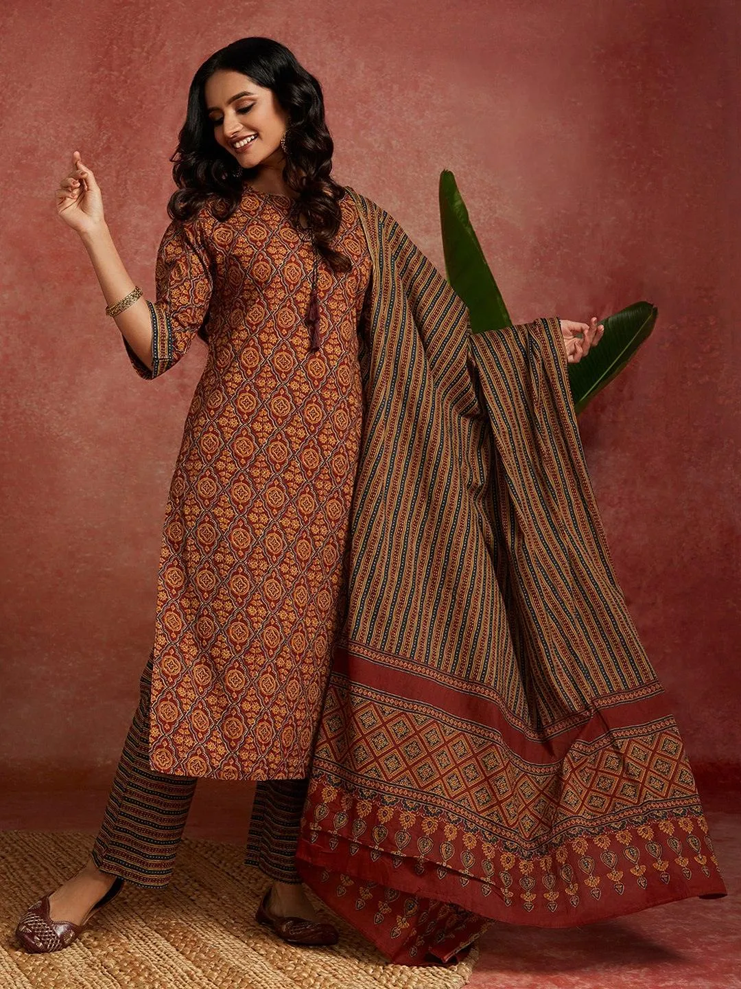 Maroon Printed Cotton Straight Suit With Dupatta