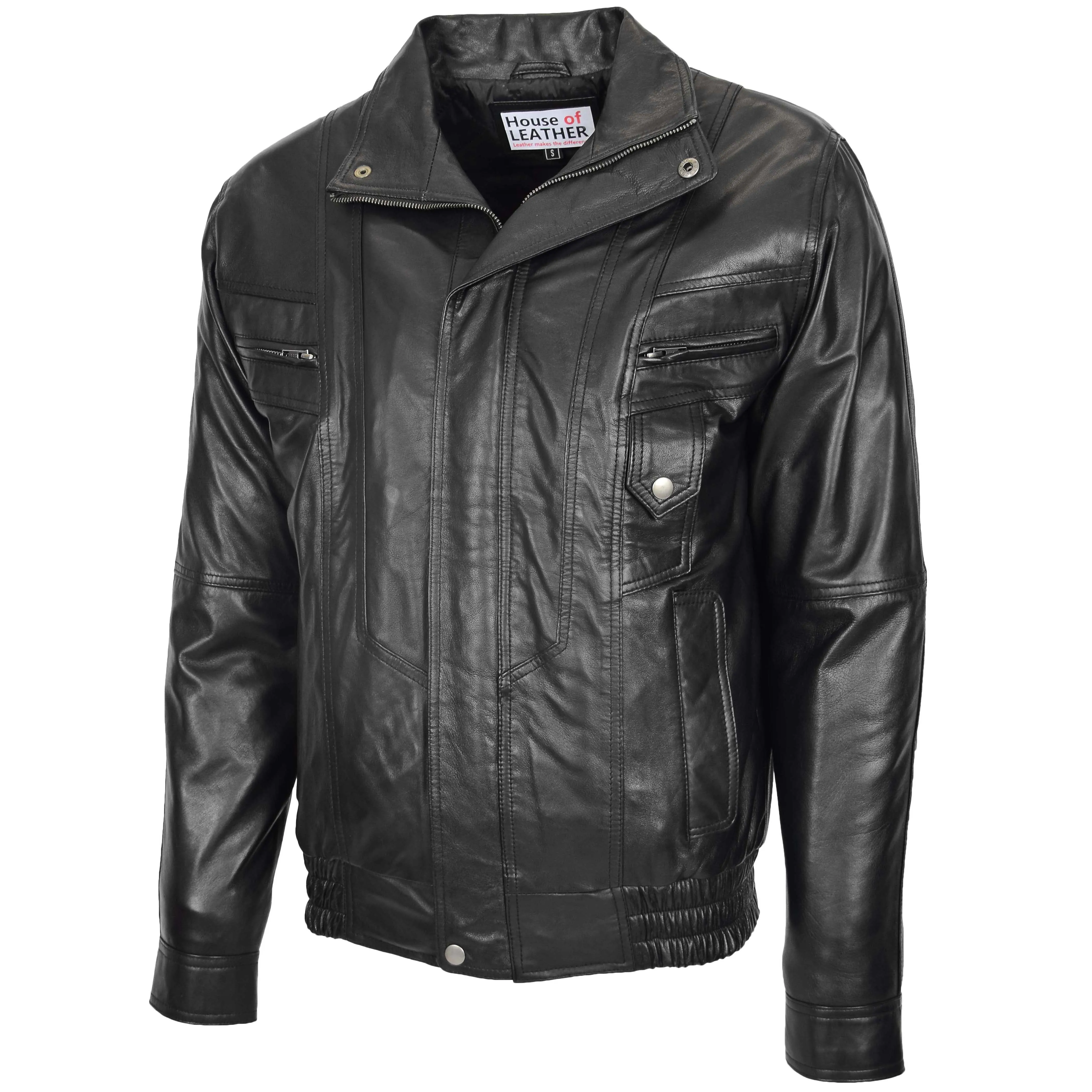 Mens Leather Bomber Blouson Jacket Robert Black