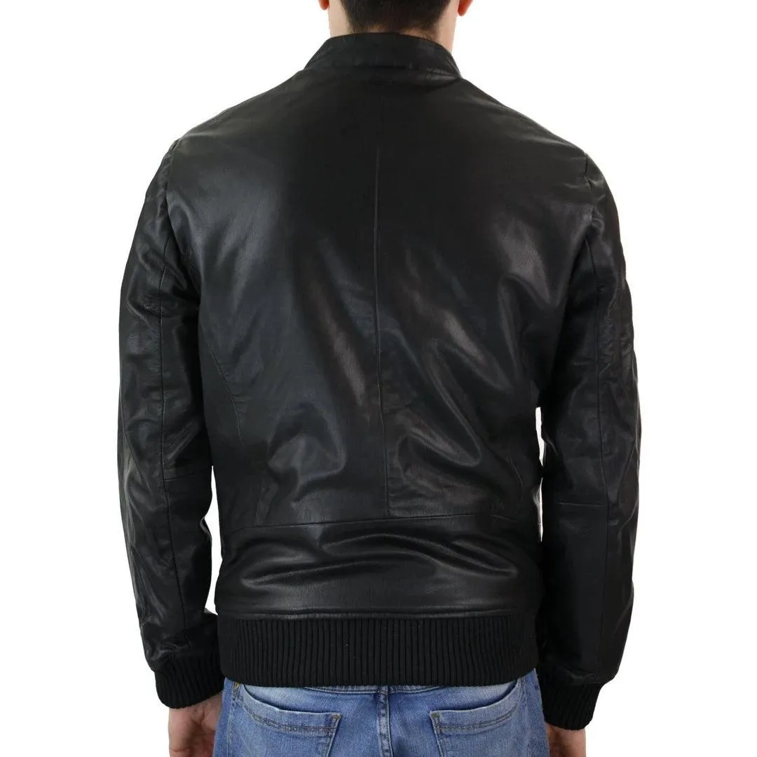 Mens Slim Fit Black Retro Smart Casual Real Leather Bomber Jacket Collarless