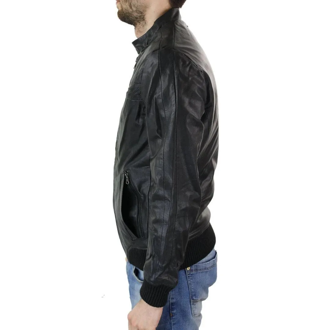 Mens Slim Fit Black Retro Smart Casual Real Leather Bomber Jacket Collarless