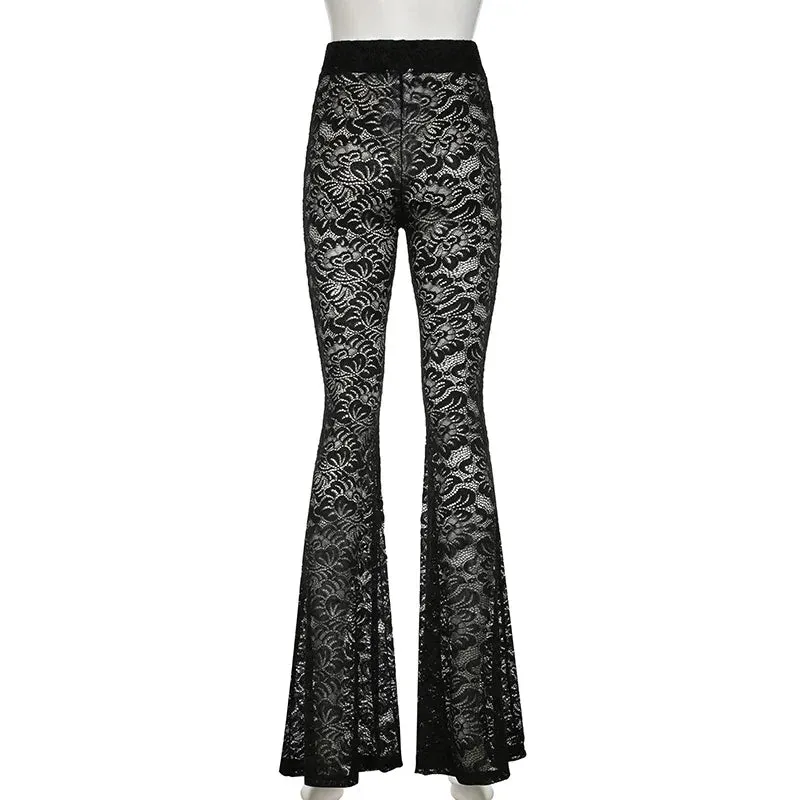 Metaversmall Fashion Black Skinny Lace Trousers Full Length Solid Transparent Sexy Party Thin Flared Pants Vintage Elegant Bottoms