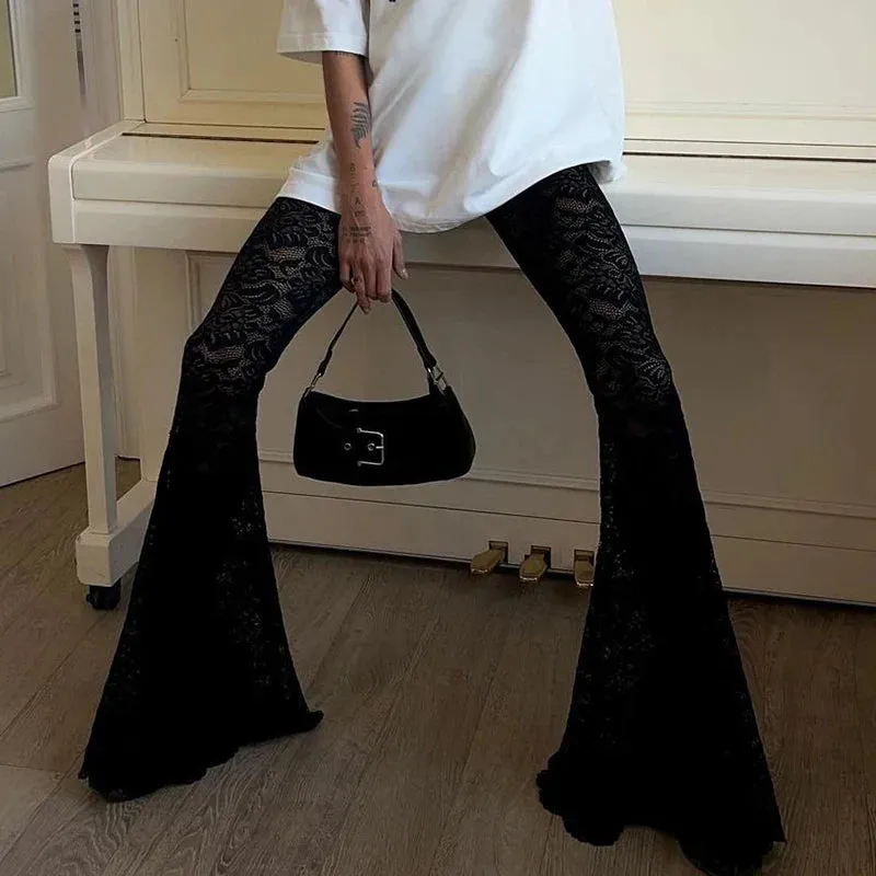 Metaversmall Fashion Black Skinny Lace Trousers Full Length Solid Transparent Sexy Party Thin Flared Pants Vintage Elegant Bottoms