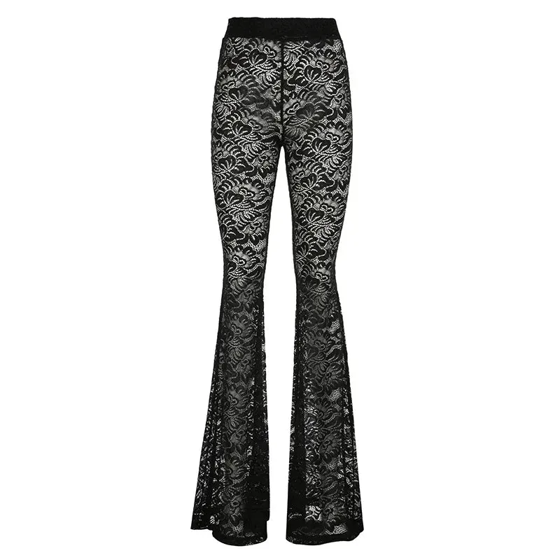 Metaversmall Fashion Black Skinny Lace Trousers Full Length Solid Transparent Sexy Party Thin Flared Pants Vintage Elegant Bottoms