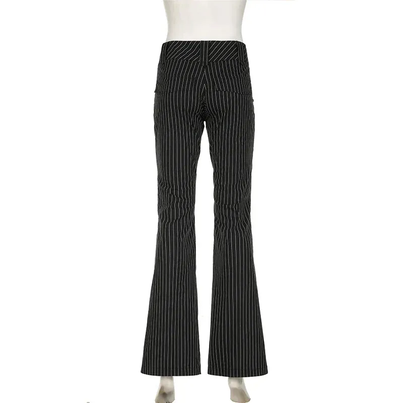 Metaversmall Streetwear Fashion Black Stripe Women Trousers Low Waisted Chic Elegant Flared Pants Chic Ladies Full Length Outfits