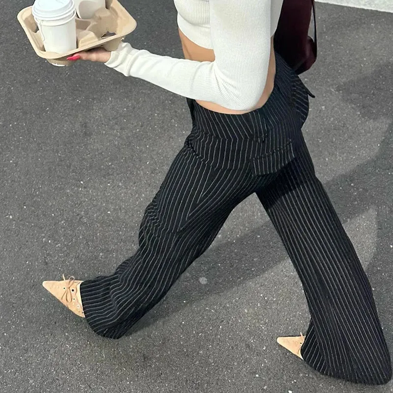 Metaversmall Streetwear Fashion Black Stripe Women Trousers Low Waisted Chic Elegant Flared Pants Chic Ladies Full Length Outfits