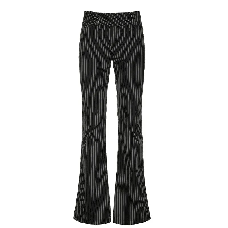 Metaversmall Streetwear Fashion Black Stripe Women Trousers Low Waisted Chic Elegant Flared Pants Chic Ladies Full Length Outfits