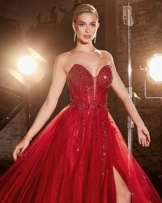 Milla Strapless Beaded Gown - Red