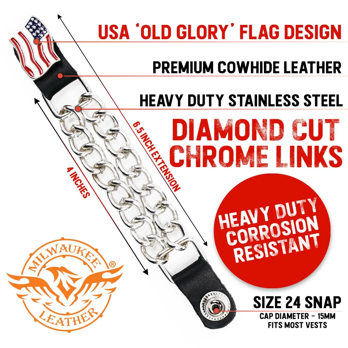 Milwaukee Leather American Flag Vest Extender - Double Chrome Chains Genuine Leather 6.5" Extension MLA1008-Single