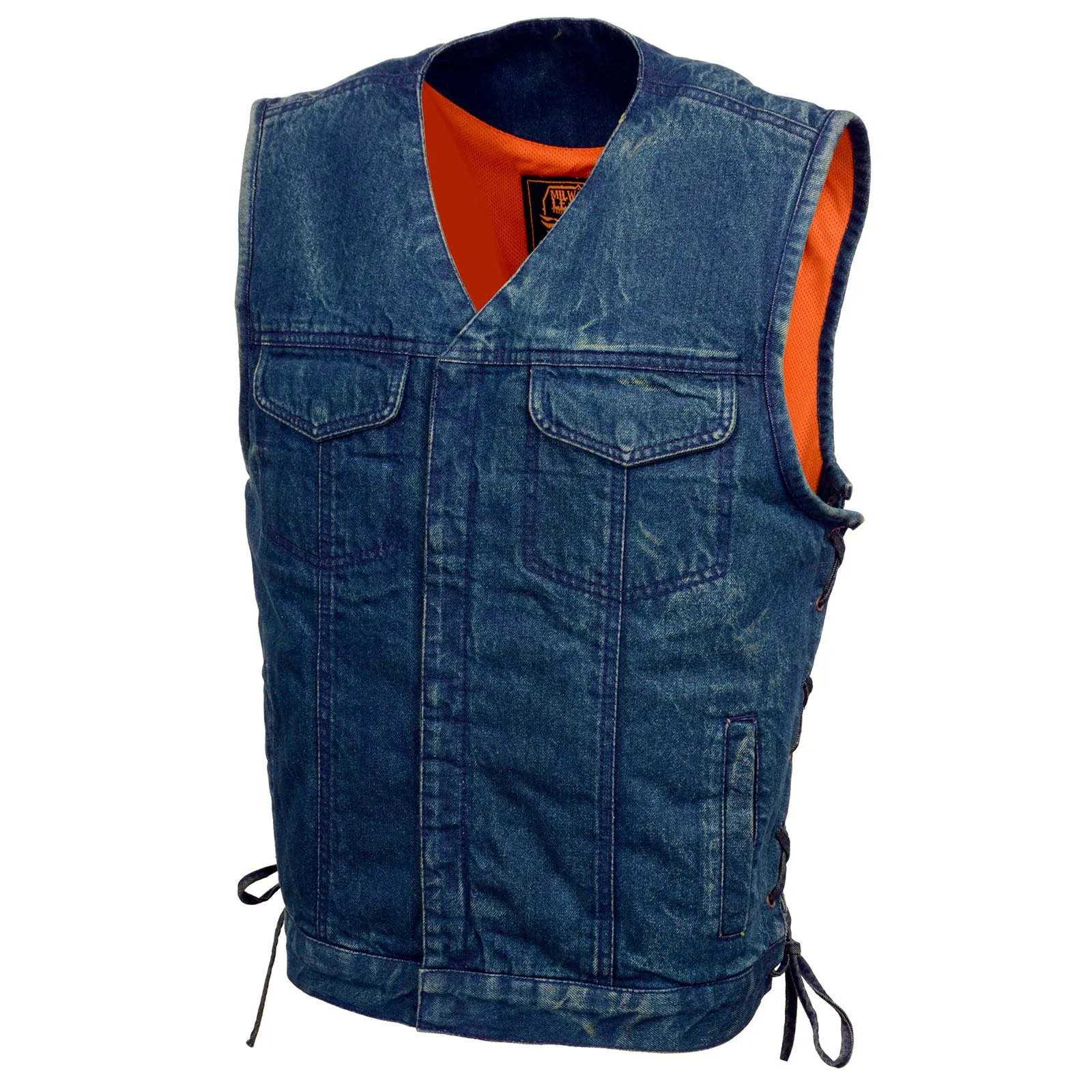 Milwaukee Leather MDM3013 Men's 'Brute' Concealed Snap Blue Denim V-Neck Side Lace Club Style Vest w/Hidden Zipper